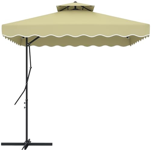 Outsunny Ombrellone Decentrato 2.5x2.5 m con Apertura a Manovella, Base a Croce e Balze, Ombrellone da Giardino con Doppio Tetto in Metallo e Poliestere 160 g/㎡, Protezione UV, Beige