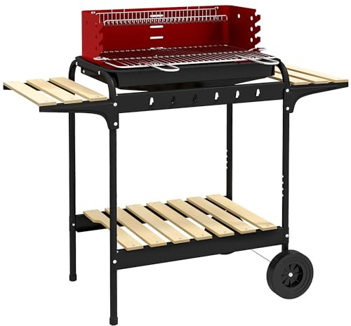Outsunny Barbecue a Carbonella con Ruote e Griglia ad Altezza Regolabile, Barbecue da Giardino con 3 Ripiani e Vassoio per Cenere, in Metallo e Legno di Pino, 103x47x95 cm, Rosso