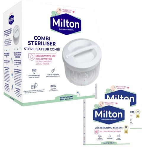 MiltonBaby Sterilising Bundle - Combi Steriliser & Sterilising Tablets (2X 28 tabs) - Fast & Effective 15min Cold Water or 2min Microwave Sterilisation with Welari Thank You Card | (3 Pack)