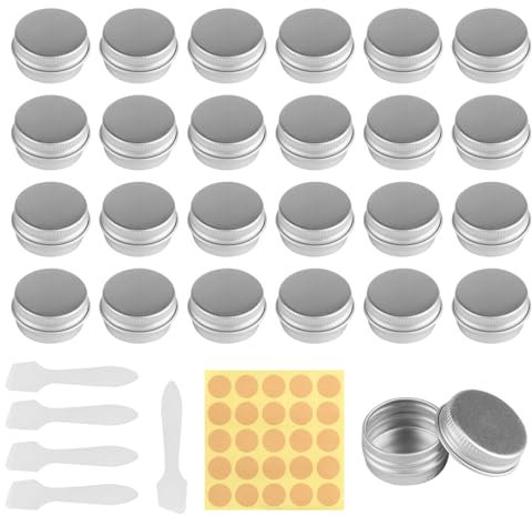 24 Pz Barattoli Alluminio, Contenitori Cosmetici Vuoti 5ml, Vasetti Alluminio, Lattina Barattoli in Metallo Piccole con Coperchio per Labbra Crema Lozione con Adesivo e 5 Cucchiaio