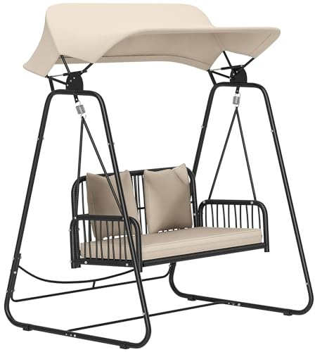 Outsunny Columpio de Jardín de 2 Plazas Balancín de Jardín Exterior con Toldo Retráctil Cojines y Estructura de Acero con Ratán PE Anti-UV para Balcón Terraza Patio Carga 240 kg 149x121x180 cm Caqui