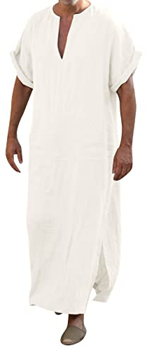 Män kaftan bomull linne muslimska morgonrockar smal passform kortärmad skjortor arabisk kostym v-hals medeltida tunika öknen klänning solid långärmad Thobe andningsbar lång klänning, Vitt, XL