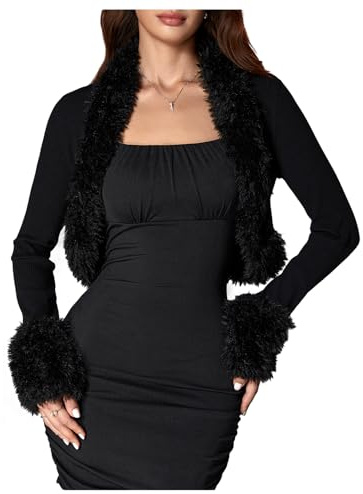 MakeMeChic Women's Faux Fur Open Front Coat Valentines Fuzzy Long Sleeve Crop Jacket Outerwear Black Medium