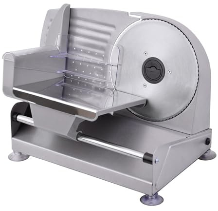 Cortadora de fiambre eléctrica doméstica de acero inoxidable de primera calidad. Grosor de corte ajustable de 0 a 15 mm. Cuchilla dentada de 190 mm de diámetro para pan, carne, verduras, jamón y que