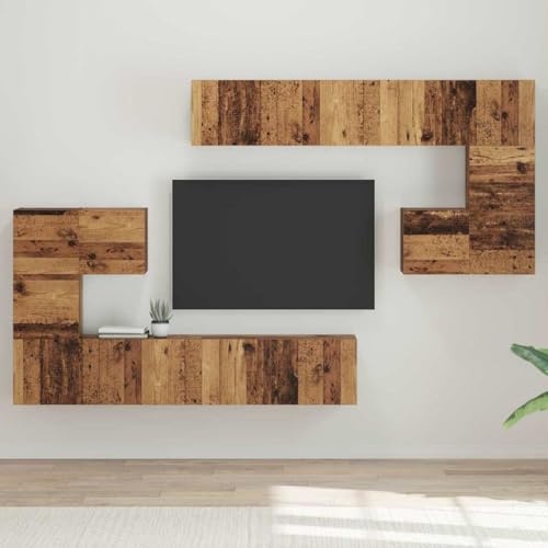 Runheo TV-apparater väggmonterad, 4-delat set gammalt trä trämaterial, flytande design, modernt vardagsrum underhållningscenter