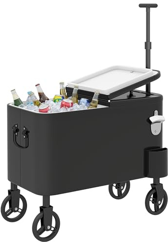 Outsunny Carrito Nevera de 56L con Ruedas, Carro de Bebidas con Mango Ajustable, Abrebotellas, Recogetapas, Drenaje y Asa, Mesa Nevera Jardín Exterior para Patio, Fiesta, BBQ, 75x35x120 cm, Negro