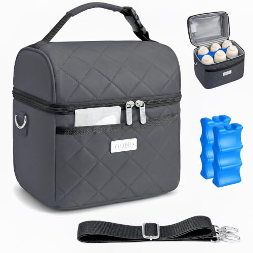 Nuliie Breastmilk Cooler Bag with 2 Ice Packs, Fits 6 Baby Bottles Up to 10 Ounce, Four Layer Insulated Baby Bottle Bag for Daycare, Breast Milk Cooler with Pocket, Strap & Buckle, Waterproof, Grey
