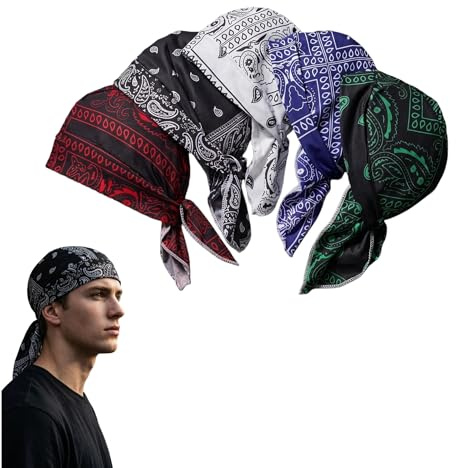 Cooling Head Scarf, 5 Pack Paisley Bandana Caps for Boys, Men & Women, Breathable Head Scarf Sweat Liners, Summer Skull Cap for Running, Cycling, Motorcycle, Hijab Undercap for Outdoor Sports Black