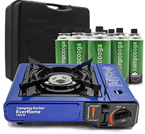 Camping Gaskocher Kocher Everflame 2.3kW + 8 Gaskartuschen + Koffer | Campingkocher/Notfallkocher