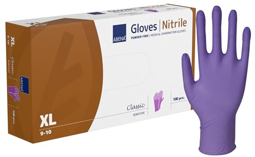 ABENA Purple Disposable Nitrile Gloves, X Large, Pack of 100, Powder Free, Latex Free, Examination Gloves for Cleaning, Food Prep, Beauty, Medical & Hygiene, Strong Single Use Protective Gloves