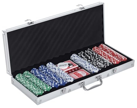 HOMCOM Mallette de Poker Coffret de Poker Complet avec 500 jetons 2 Jeux de Cartes + 5 dés Bouton Dealer 2 clés alu.