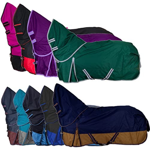 RL24 - Weidedecke Full Neck Basicline 600D Nylonfutter mit Füllung | Pferde Winterdecke | wasserdichte Outdoordecke mit Kreuzbegurtung | Pferdedecke in dunkelblau/braun | Größe 145 cm (300g/m²)