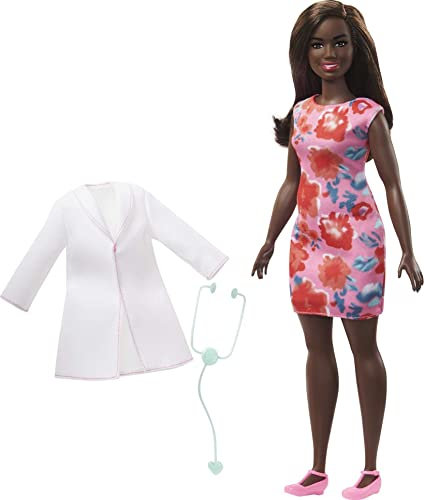 Barbie GYT29 - Ärztin Puppe (ca. 30 cm), brünettes Haar, kurvige Form, Arztkittel, bedrucktes Kleid, Stethoskop-Accessoire, tolles Spielzeuggeschenk für Kinder, ab 3 Jahren