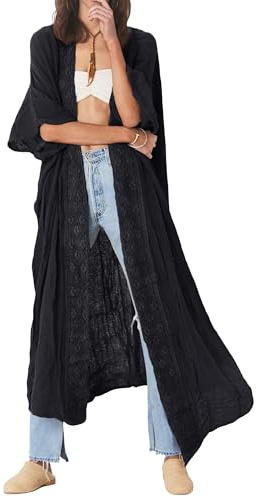 Bsubseach Embroidery Bathing Suit Cover Ups for Women Half Sleeve Beach Kimono Swimsuit Coverup Black