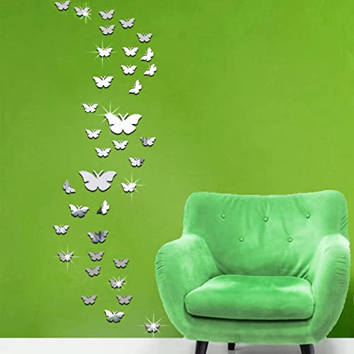 Farfalle Specchio Adesive da Parete, 36 pezzi Acrilico 3D Wall Art Adesivi Specchio Adesivi per Soggiorno Camera da letto Ufficio B Stile Carino (Argento)