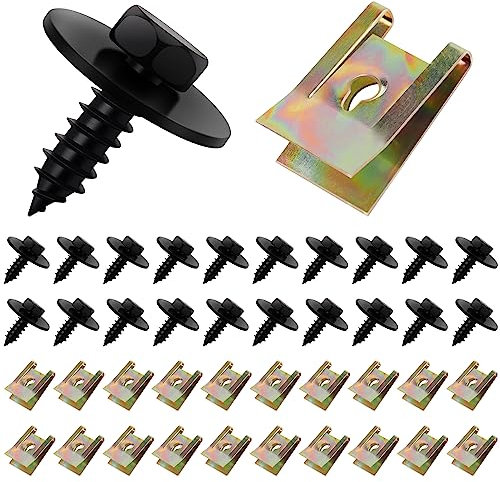 40 Pcs Screw and Nut Clip Kit, Hanibos 20 Auto Body Fender Screws and 20 Bumper Guard Plate Fixing Bolts, Car Bumper Screws U Type Fastener Clip for Car Wheel Arch Cover Undertray Fender