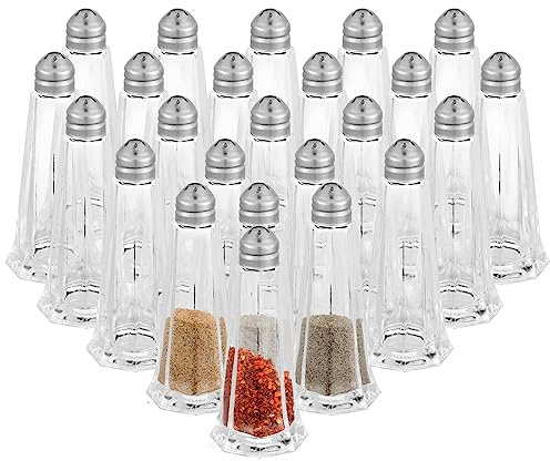 Bokon Set of 24 Tower Glass Salt and Pepper Shakers Bulk 1oz Small Tower Spice Shakers Refillable with Stainless Steel Chrome Top Lid for Home Restaurant Kitchen Seasonings Supplies
