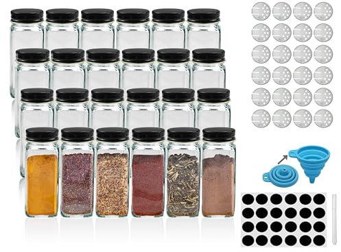 Bewunder Osaka Set di barattoli per spezie con 24 x 120ml barattoli e coperchi in bambù | Organizza la tua cucina con coperchi a vite, etichette, inserto per spolverare e imbuto in silicone (Metallo)