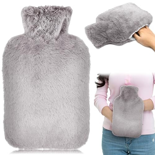 Wärmflasche mit Bezug, 2L Groß Wärmflaschen mit Tasche, Auslaufsicher Grau und Weiches Fleece Wärmflaschen Bezug,Liefern Warme und Komfort für Bauch Rücken und Nacken für Erwachsene und Kinder