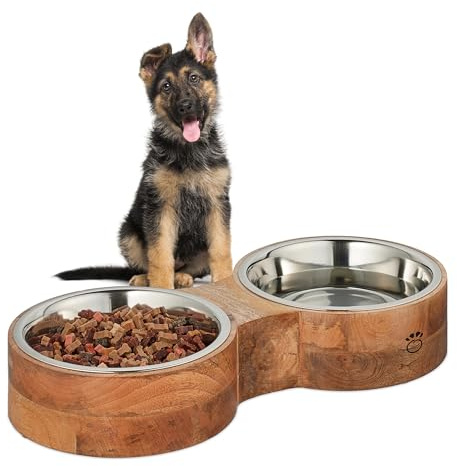 Relaxdays Hundenapfbar, für Hunde, 2 Edelstahlnäpfe, je 2,2l Volumen, HxBxT: 8 x 48 x 22 cm, Futterbar, Natur/Silber