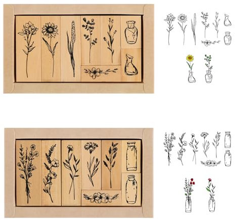 16 Stück Holzstempel Stempelset Stempel Blumen Stempel Holz mit Naturpflanzen Mustern Vintage Motivstempel für Scrapbooks Journals Tagebücher Crafts DIY Karten
