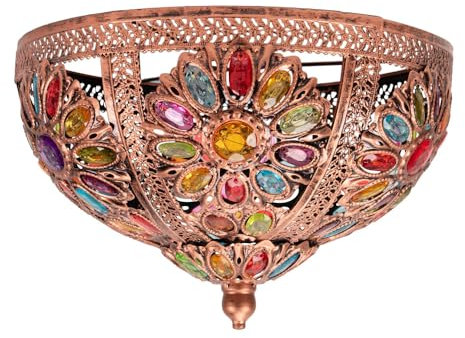 ValueLights | Moroccan Bazaar Style Bronze Ceiling Pendant Shade with Multi Coloured Jewels | Home Décor, Bedside & Desk Lamp | 340mm Shade Width