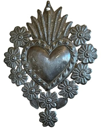 Handmade Metal Milagro Floral Heart 10 x 7.25 Inches Haitian Recycled Steel Art Decorative Wall Hanging Folk Art Heart Décor Fair Trade