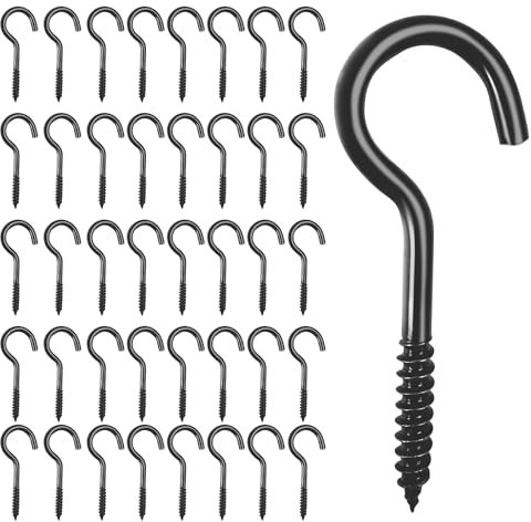 Crochet à Visser 50mm, 40 Crochets à Visser Capacité Portante 14-23KG Piton à Visser Crochet a Visser Bois Vis Crochet Noir Crochet Inox a Visser Crochet de Plafond pour Paniers à Plantes Lumières