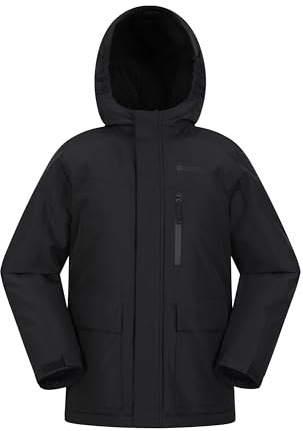 Mountain Warehouse Noah Kids Borg Lined Waterproof Jacket - Sherpa Lined Puffer Coat with Lots Of Pockets, Boys & Girls - Spring Summer Outdoors & Travelling Black Kids Size 9-10 Years