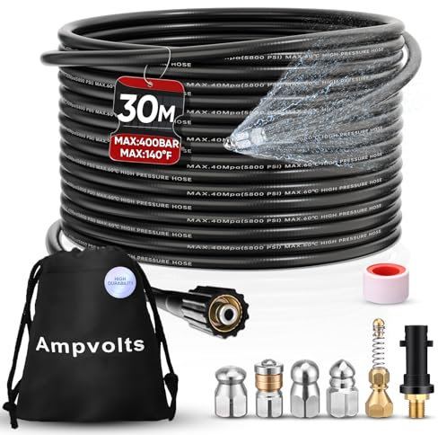 Ampvolts 30M Desatascador de Tuberías a Presión - 400 Bar/5800 PSI, 5 boquillas Compatible con Hidrolimpiadoras Karcher K2 K3 K4 K5 K6 K7 - Limpia Fácilmente Tuberías y Desagües Obstruidos