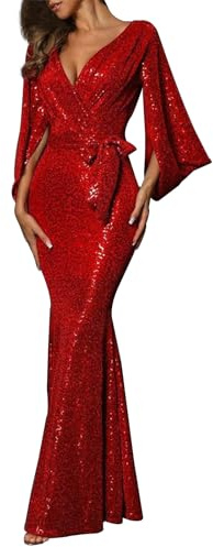 Duohropke Donne Paillettes Abiti da ballo Profondo V Scollo A V Manica Lunga Lunga Sirena Sexy Prom Abiti Da Sera Lungo Abito Da Festa, Colore: rosso, 3XL
