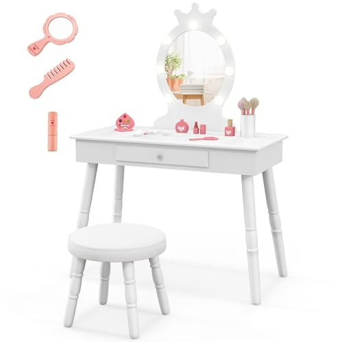 LIFEZEAL Specchiera Trucco Bambina, con 7 LED, 3 Colori di Luci, Postazione Trucco Bambina, con Sgabello Imbottito, Cassetto e Specchio di Corona, Toeletta Trucco per Bimbi 3-7 Anni (bianco)