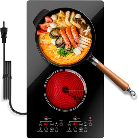 Gveyajo 2 Burner Electric Cooktop with Touch Control, 12 Inch Portable Plug in Stove Top, Ceramic Glass Double Burner, 9 Power Levels, Timer, Child Lock, 2000W
