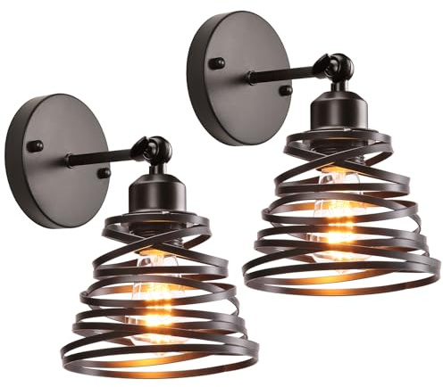 iDEGU Lot de 2 Appliques Murales Intérieures Industrielle 15cm E27 Luminaire Plafonnier à Spirale en Cascade en Métal Réglable Éclairage Plafond Lampe Murale Vintage pour Chambre Salon Café (Noir)