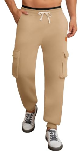 TMEOG Pantalones Running Hombres Cintura Elástica con Cordón Jogger Pantalone Chandal Deportivos Puños Elásticos Multibolsillo (XL Caqui)