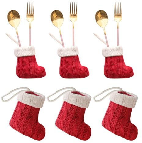 Snadulor 6Pcs Christmas Silverware Organizer Red Knitted Christmas Stockings Knife and Fork Bags Christmas Tableware Holders for Home Table Decor