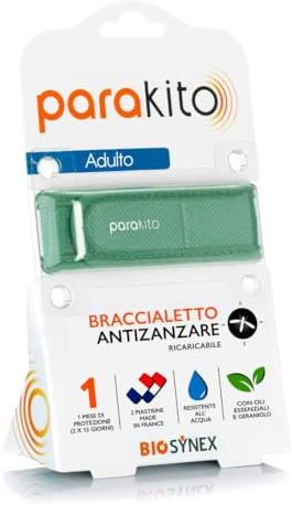 BIOSYNEX - PARAKITO - Braccialetto Antizanzare - 2 Ricariche Incluse - 1 Mese Di Protezione - Senza DEET - Modello Kaki - Taglia Adulta