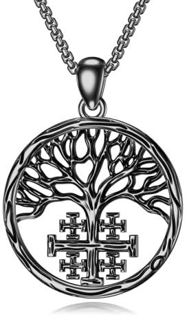 PROESS Livets träd kedja 925 sterlingsilver Jerusalem kors halsband viking livets träd hänge religiösa smycken jul Thanksgiving presenter för män kvinnor, Sterlingsilver