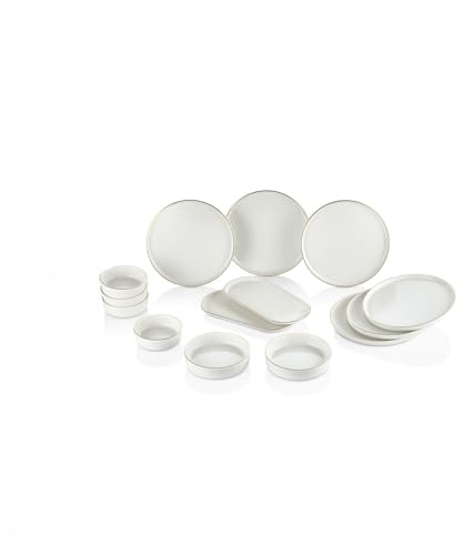 Kitchen Life Caotíc Gold Service de petit-déjeuner 14 pièces pour 6 personnes – Service de table de luxe en céramique Kütahya avec bord doré – Empilable et durable