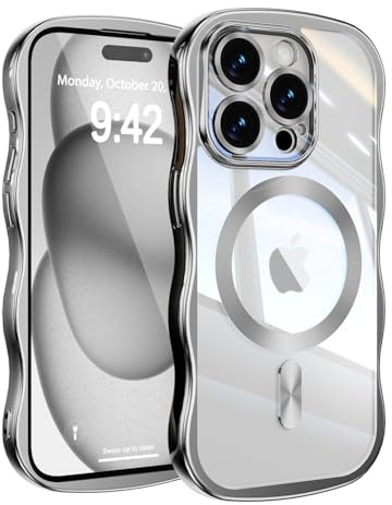 UEEBAI for iPhone 15 Pro Max Case, Cute Wave Translucent Frame Magnetic Phone Case Compatible with Magsafe Full Camera Protection Cover Soft Electroplated Phone Cover for Women Girls - Sliver