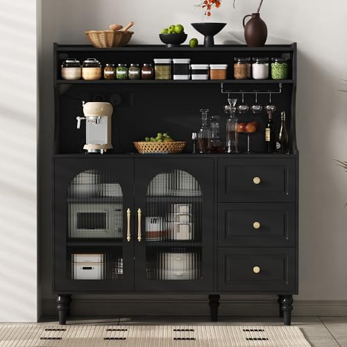 Kebnor Mobile alto con prese e cassetti, armadietto da bar con porta bicchieri da vino e vano portaoggetti, armadio da cucina con ripiani a strati regolabili, ideale per cucina e sala da pranzo (nero)