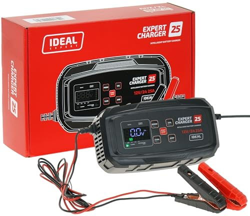 IDEAL EXPERT Charger 25 batterie auto caricabatterie 12 V 24 V – 25 A caricatore rapido e caricatore di mantenimento per auto, camion e moto, caricabatterie intelligente per auto AGM Gel LiFePO4 con