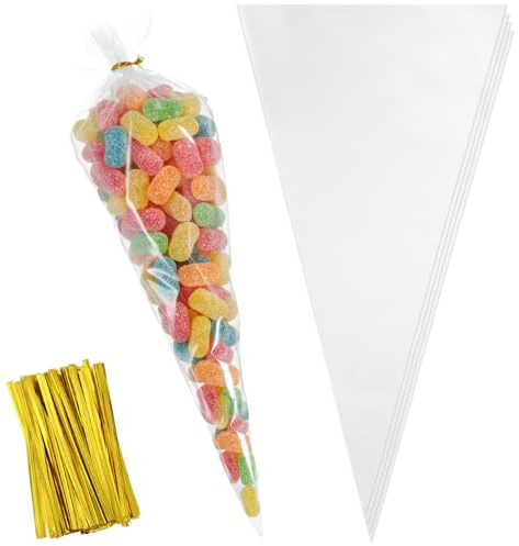 Elegaperma 200 sacchetti trasparenti in pizzo per caramelle, 16 x 30 cm, per caramelle con nastri dorati, sacchetti triangolari per popcorn per feste, matrimoni, popcorn, snack