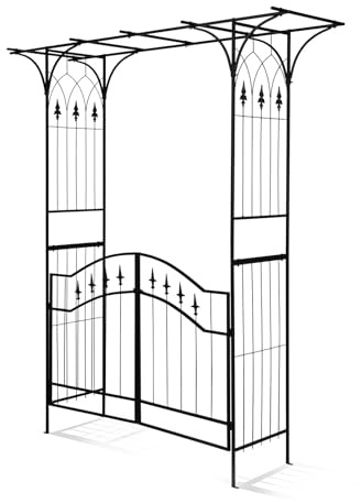 LEADZM Arco de Metal para Rosas de Acero con Recubrimiento en Polvo, Enrejado Plantas trepadoras, Ideal para Decoraciones de Bodas, 179 x 51 x 208 cm, Color Negro (con Puerta)