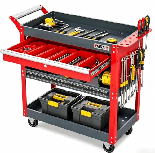 AIRAJ Red 3-Tier Rolling Cart with Drawer & Lockable Wheels | with Screwdriver Holder & Side Perforated Panels,Heavy Duty Steel Service Cart, Utility Cart for Garage, Workshop, Warehouse