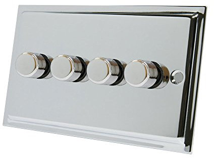 Slimline Polished Chrome LED 4 Gang Dimmer 250W - 10 Amp 4 Gang 2 Way 250W LED Light Dimmer Switch