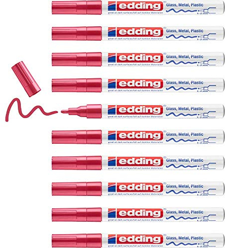 edding 751 gloss paint marker - red - 10 paint markers - round tip 1-2 mm - paint pen for glass, pebbles, wood, plastic, paper - waterproof, high coverage