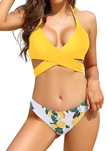 SHEKINI Donna Criss Cross Push Up Halter Bandage Bikini Set Cravatta Lato Nuoto Fondi Costumi da Bagno a Due Pezzi (Large, Giallo)