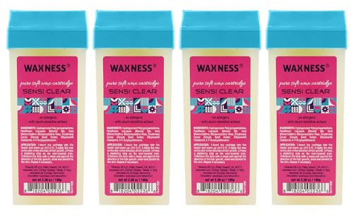 Waxness Sensi Clear Pure Soft Wax Cartridge Pack of 4 ร 3.38 oz (100 g)โ Rosin-Free Clear Gel Strip Wax with Neuro-Active Comfort Complex, Roll-On for Face & Body โ Made in Italy