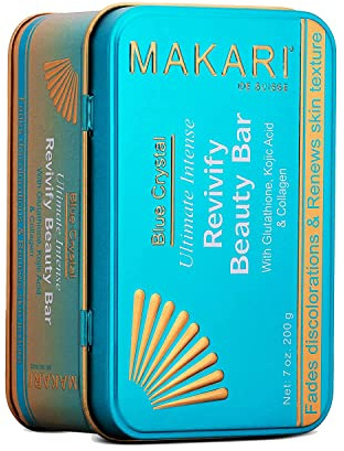 Makari Ultimate Intense Blue Crystal Revivify Beauty Jabón exfoliante para mujeres y hombres 7 oz | Barra de jabón exfoliante e iluminadora de baño con glutatión, ácido kójico y colágeno